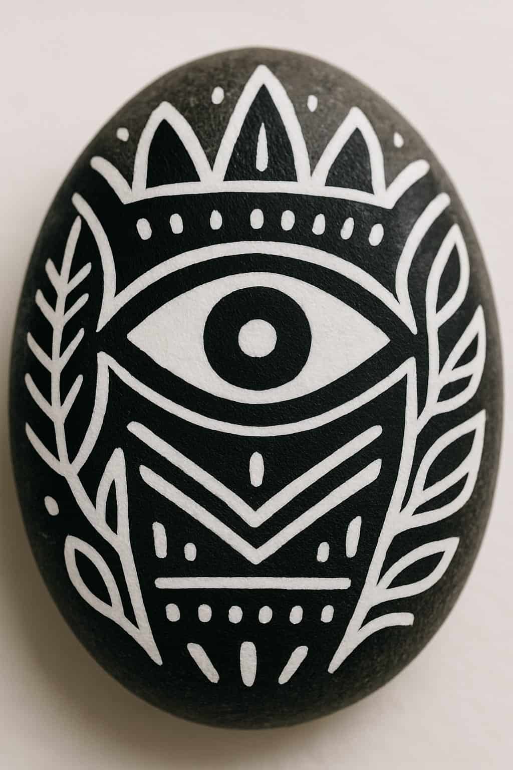Close-up photo of a smooth painted rock with black and white tribal patterns on a plain background.