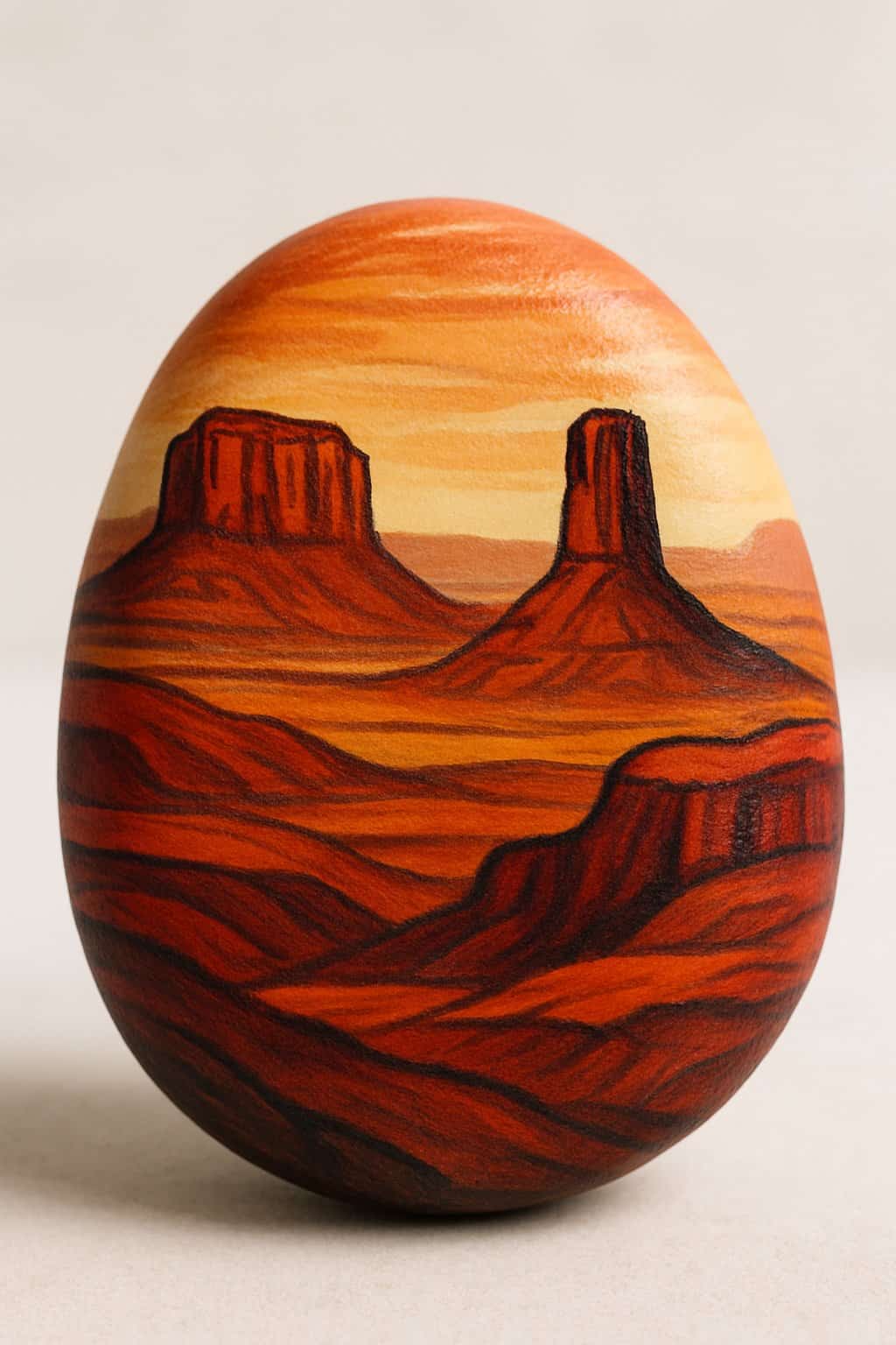 A close-up of a smooth painted rock featuring a colorful desert landscape with buttes and mesas.
