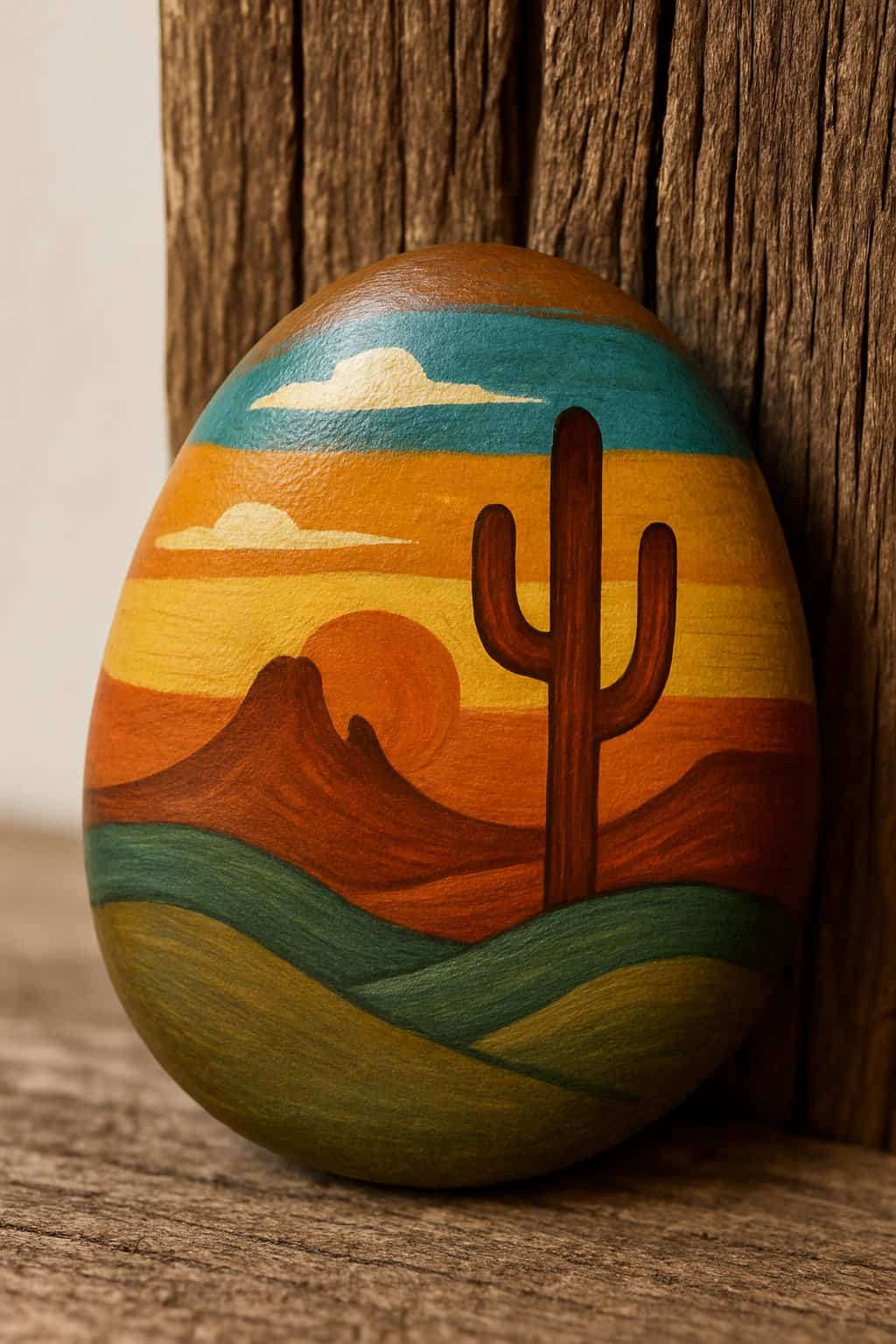 A close-up photo of a single painted river rock placed against a rustic wooden fence.