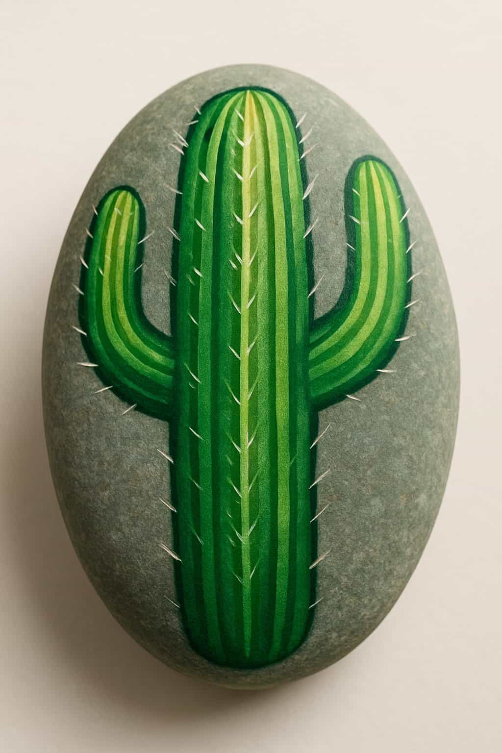 A close-up photo of a smooth river rock painted to look like a saguaro cactus with arms, placed against a plain background.