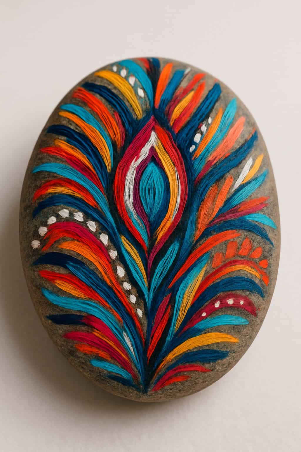 Close-up image of a smooth painted river rock with colorful brushstroke patterns on a plain background.