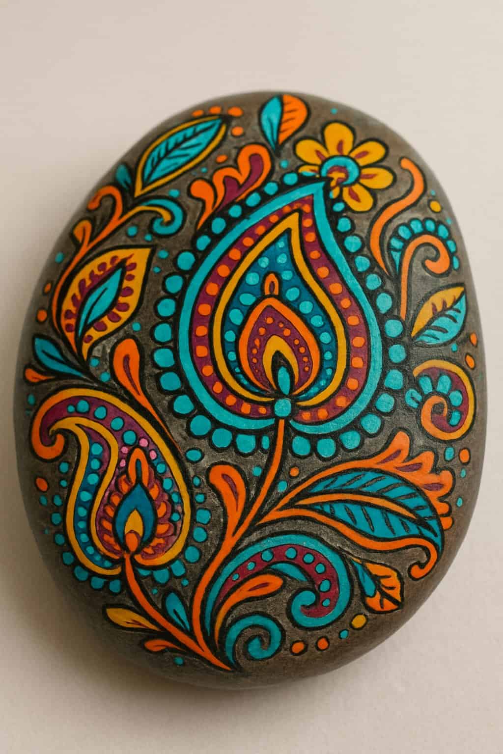 A close-up image of a single painted rock with detailed colorful paisley patterns on a plain background.