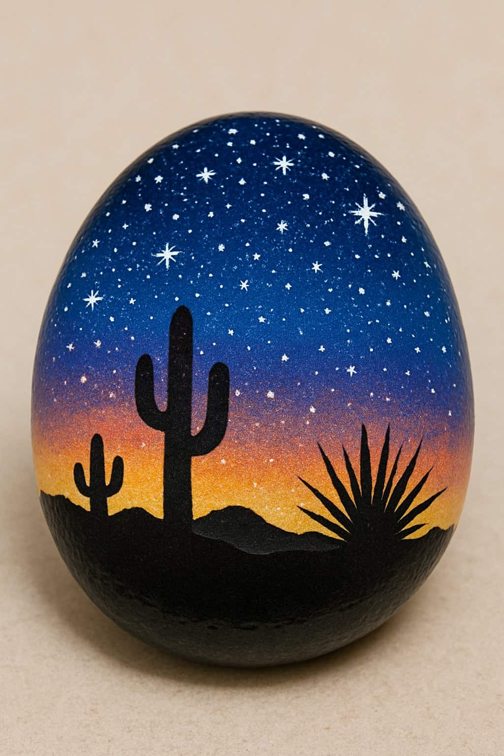 A close-up image of a painted rock showing a night desert scene with stars and silhouettes of plants.