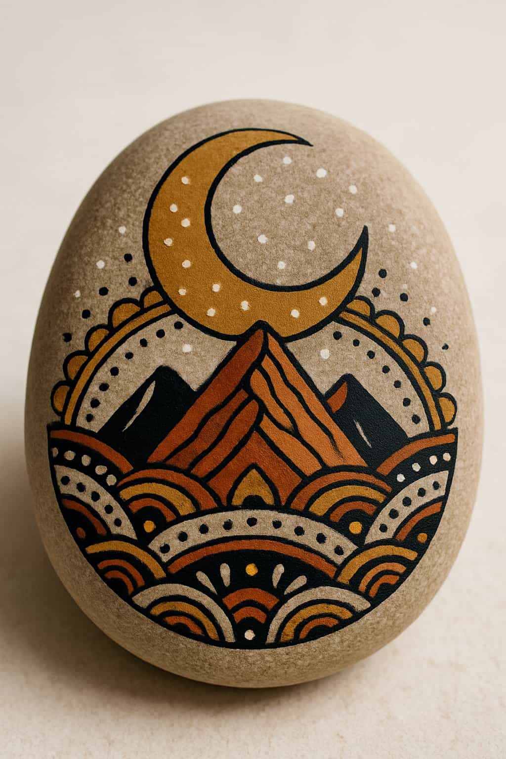 A close-up view of a smooth painted rock featuring a crescent moon and mountain design.