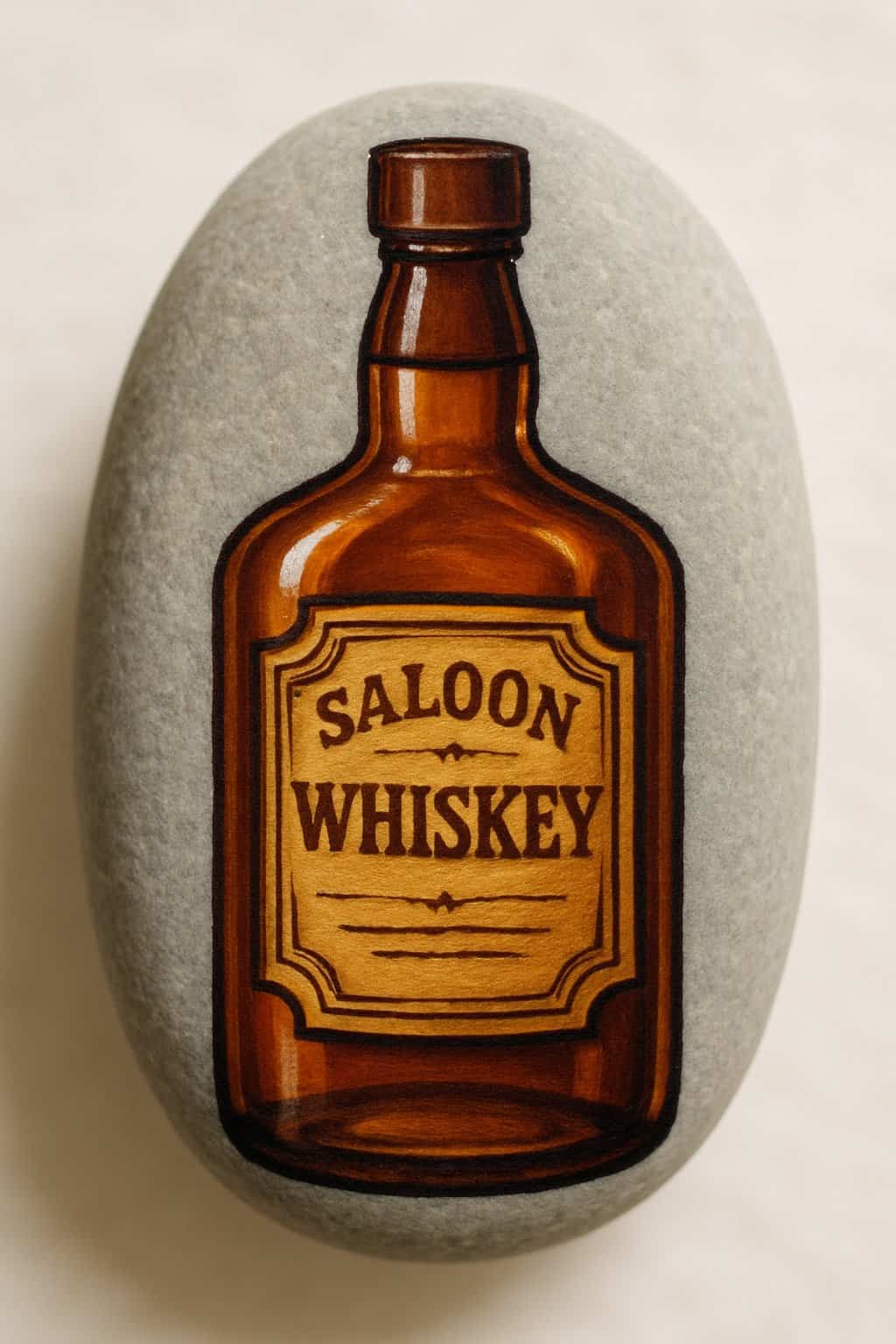 A close-up image of a smooth river rock painted with a detailed design of a Western whiskey bottle on a clean background.