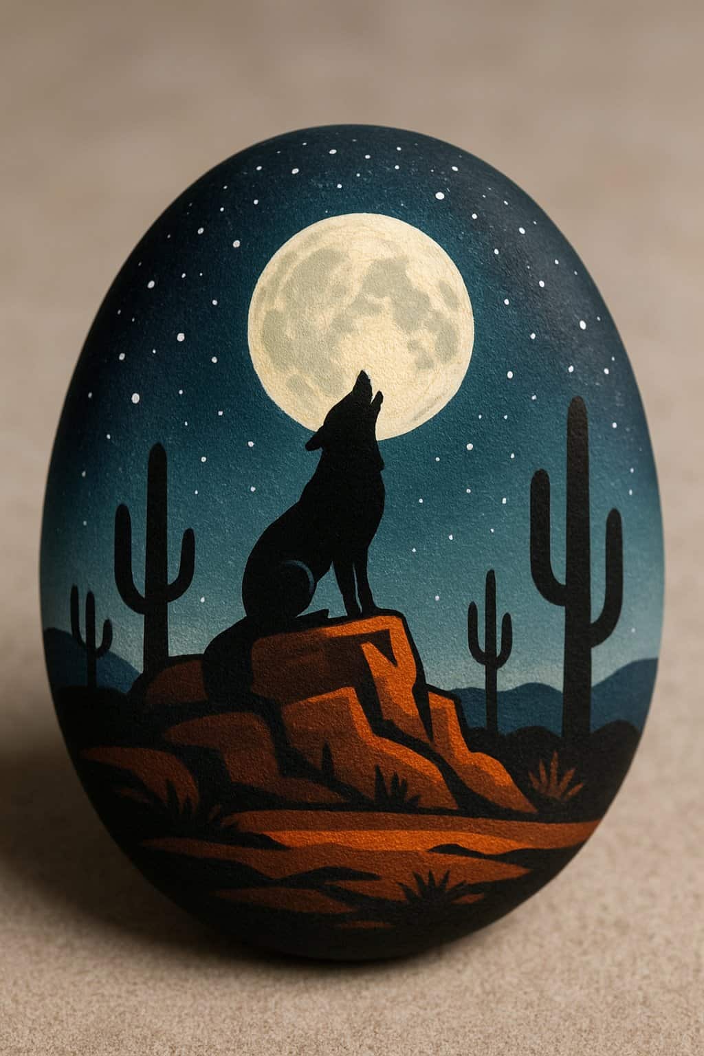 Close-up image of a painted rock showing a desert night scene with a full moon and a coyote howling.