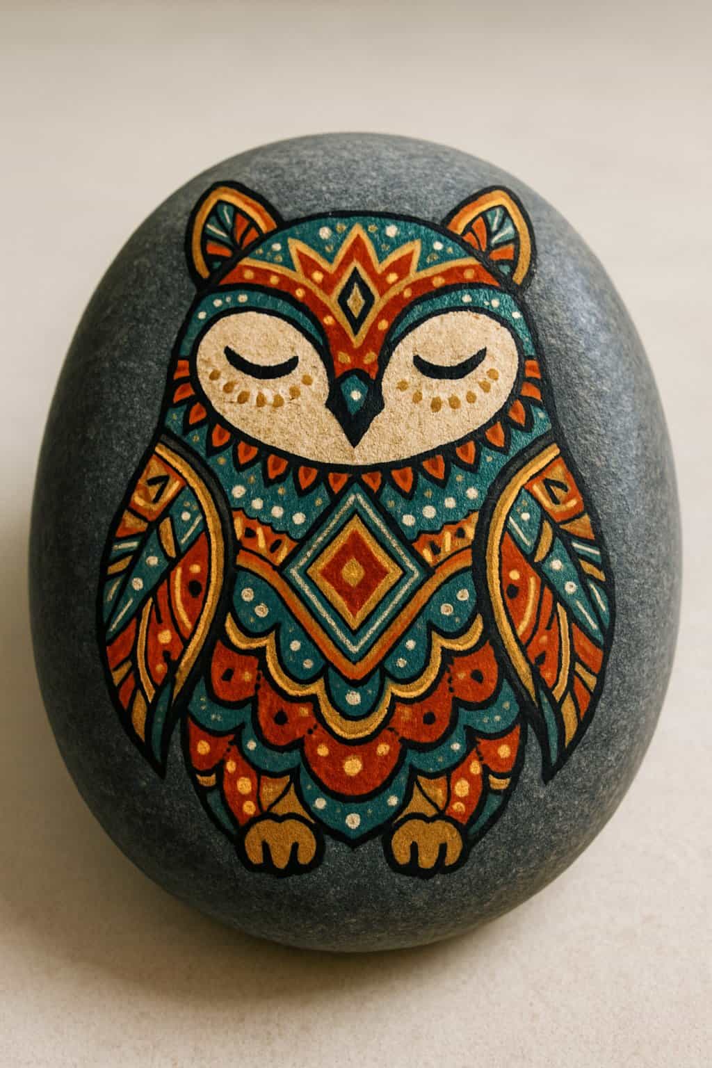 A close-up photo of a smooth painted river rock with a colorful animal design on it against a plain background.