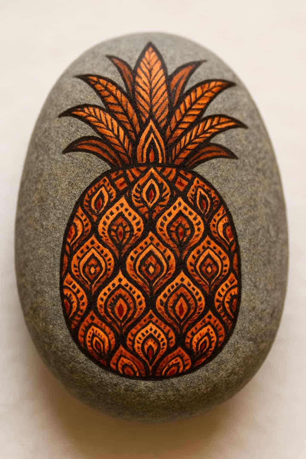 Close-up photo of a smooth painted rock with a detailed pineapple design on it.