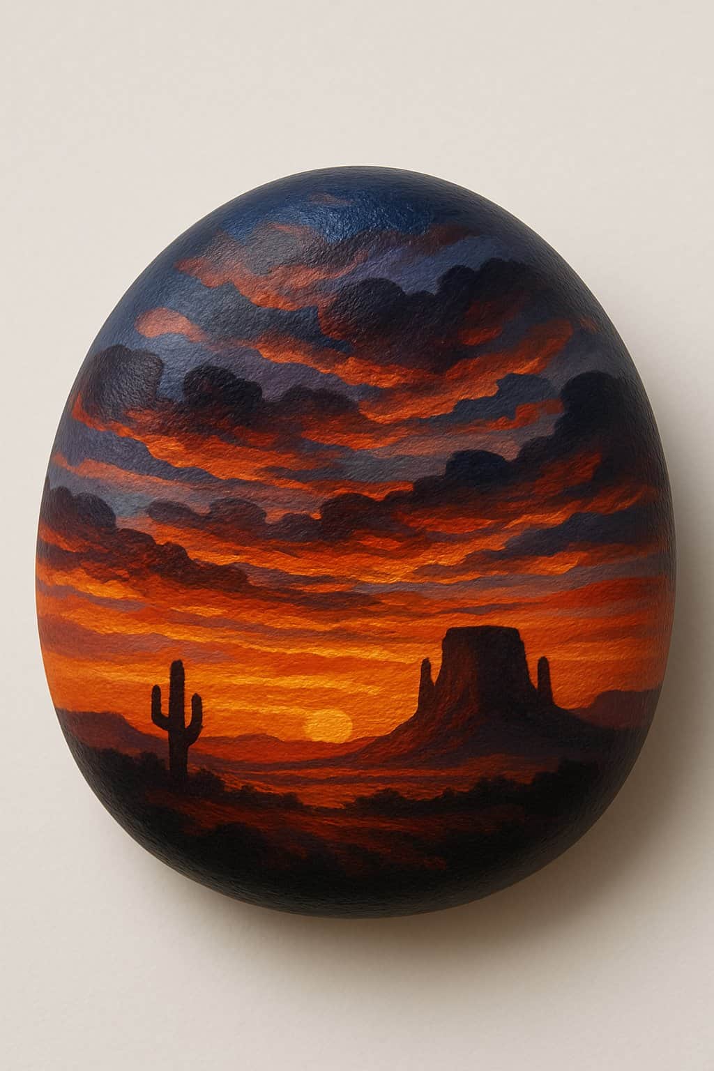 A close-up photo of a smooth painted rock showing a colorful western sunset with layered clouds.