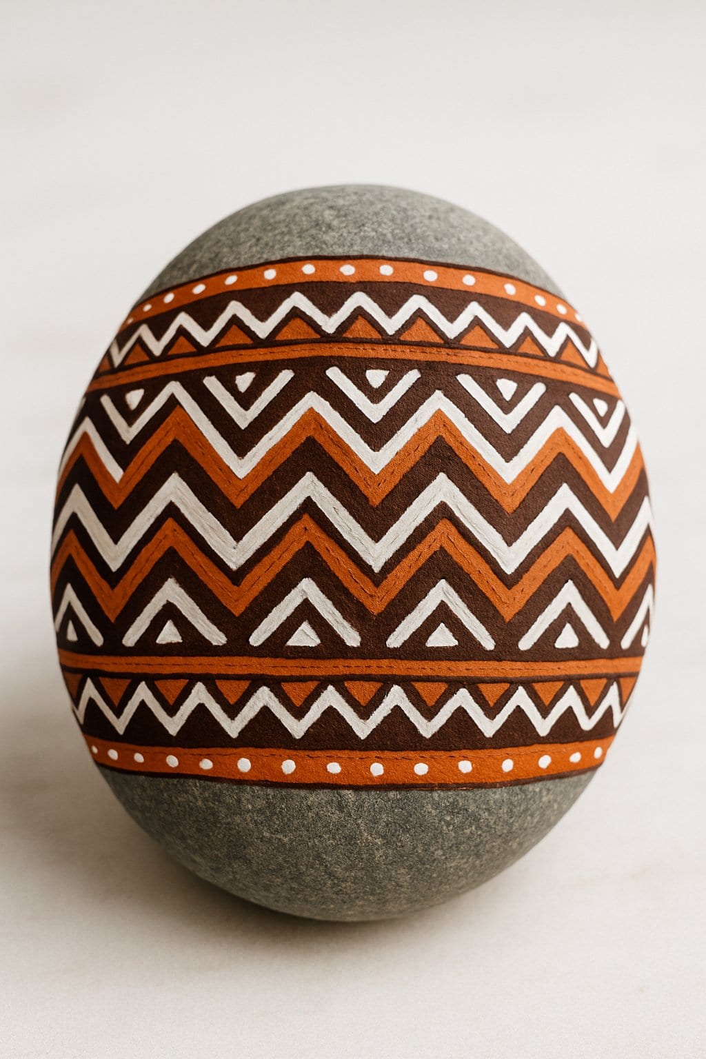 Close-up of a smooth painted river rock with a zigzag border design on a plain background.