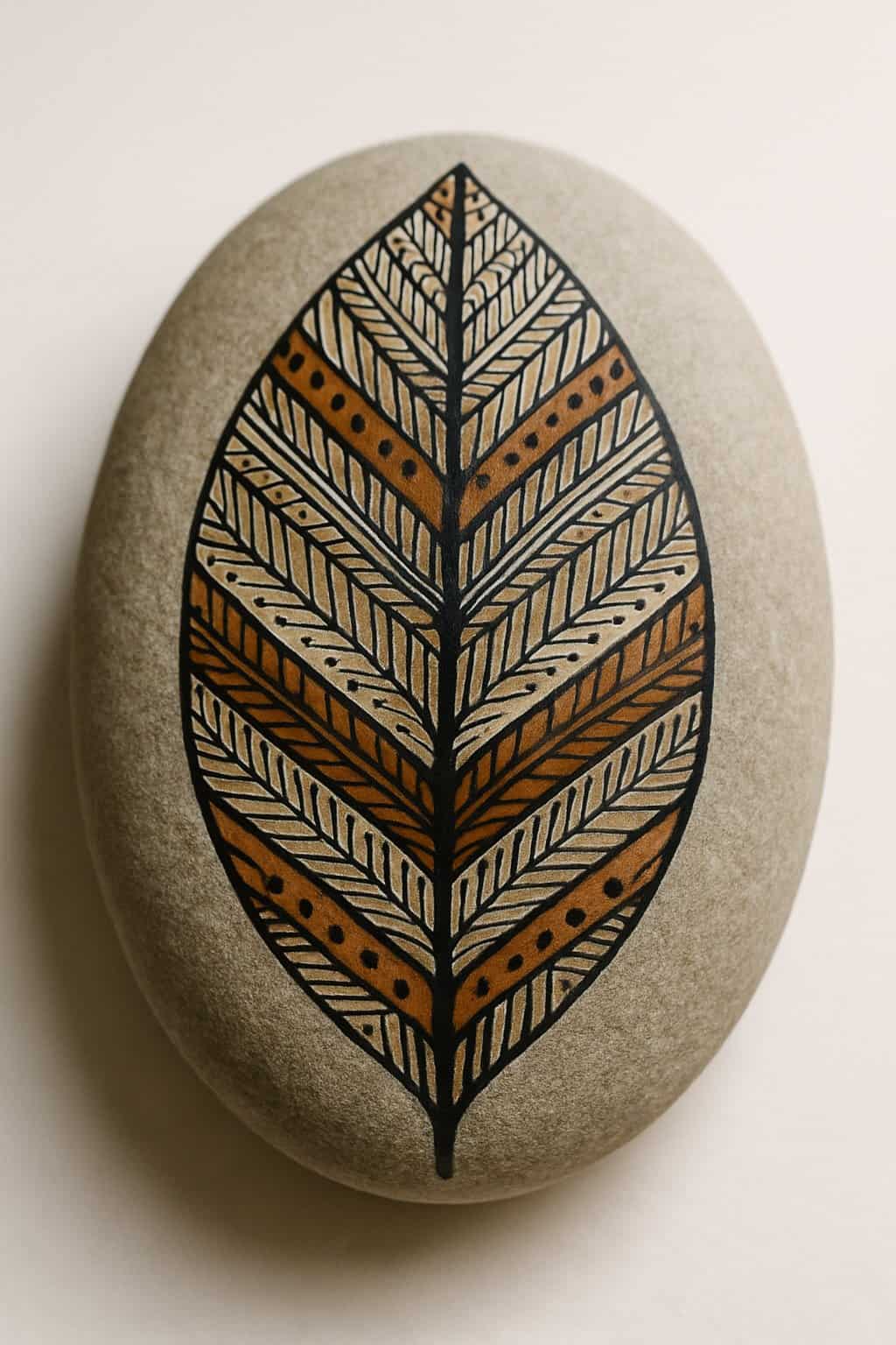 Close-up photo of a smooth river rock painted with a detailed leaf design in black lines.