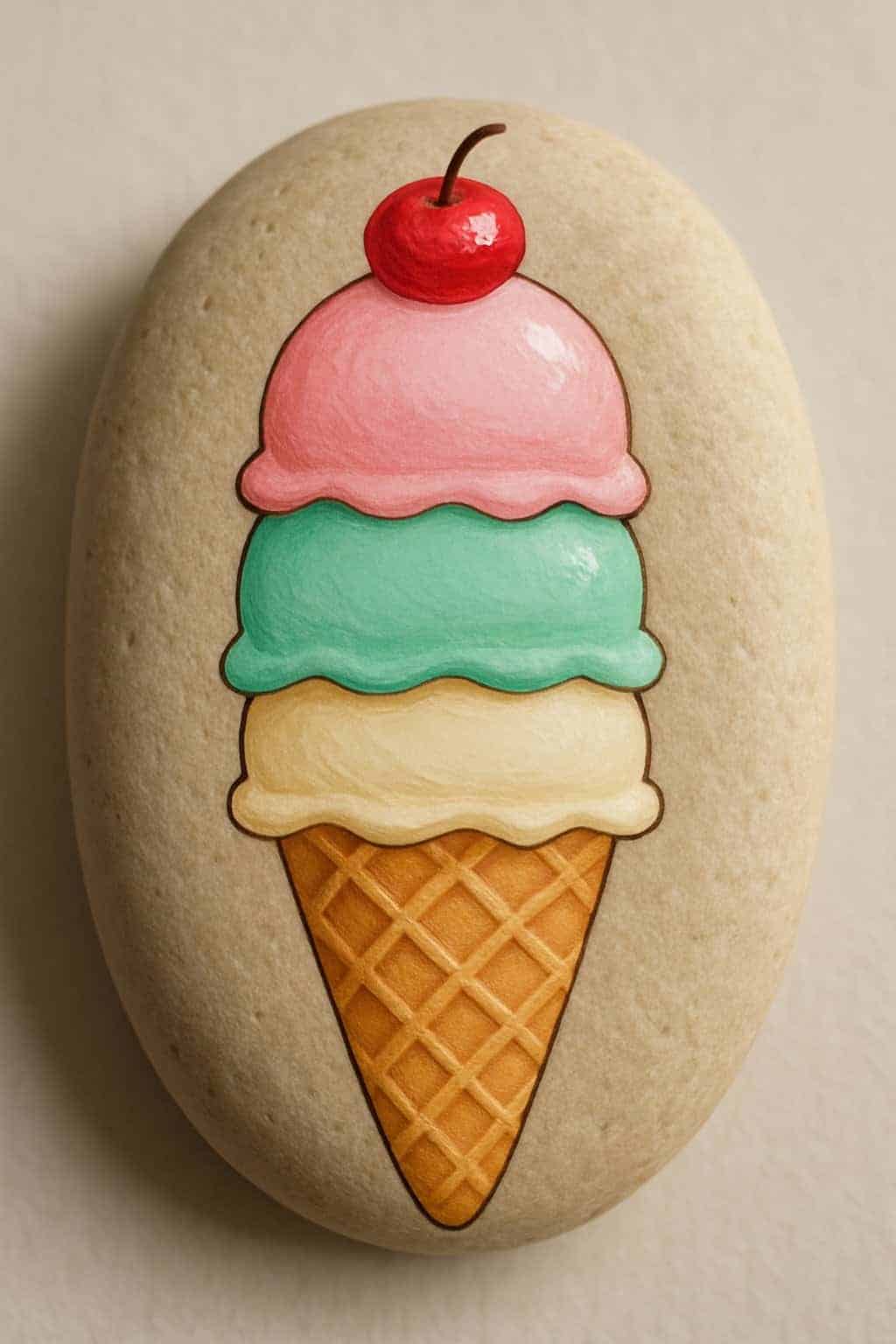 A painted smooth river rock depicting a triple scoop ice cream cone with a cherry on top.