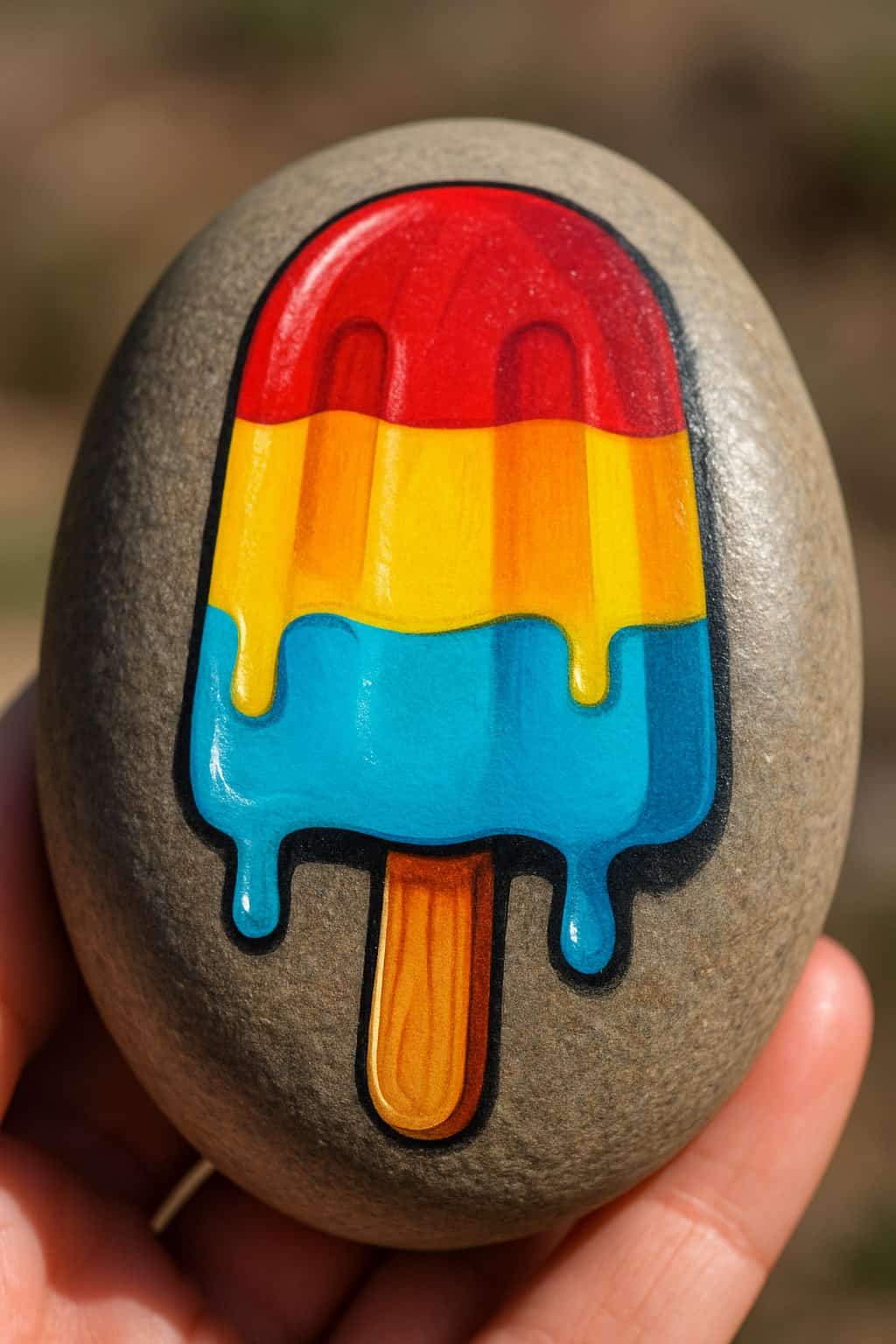 A smooth river rock painted with a colorful popsicle design that appears to be melting.
