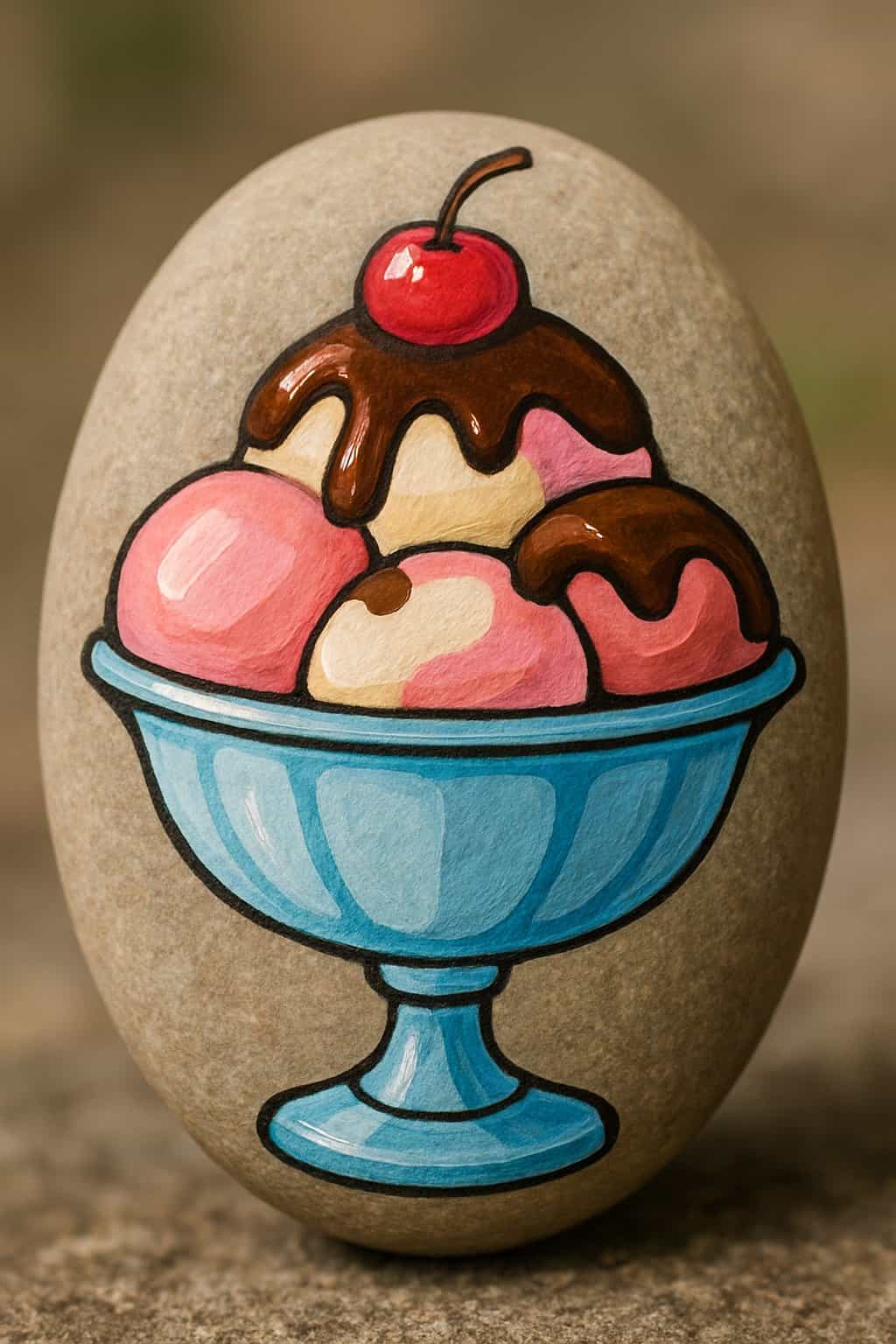 A painted rock resembling an ice cream sundae cup with scoops of ice cream and a cherry on top.
