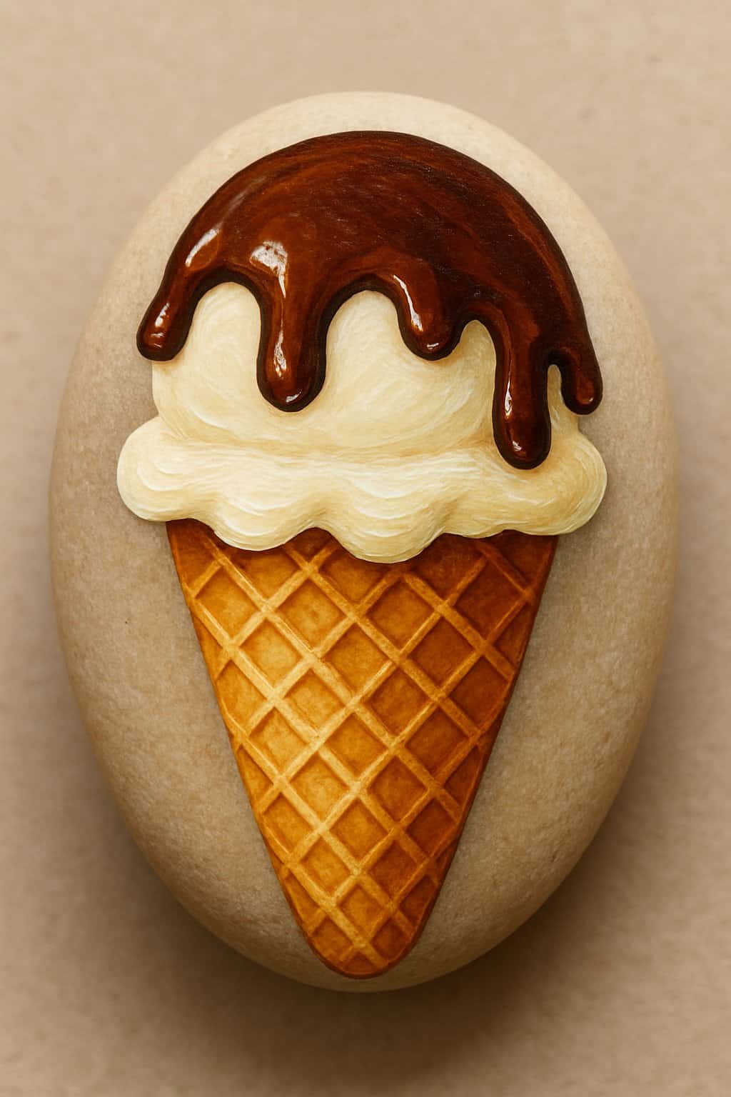 A smooth rock painted to look like an ice cream cone with dripping fudge.