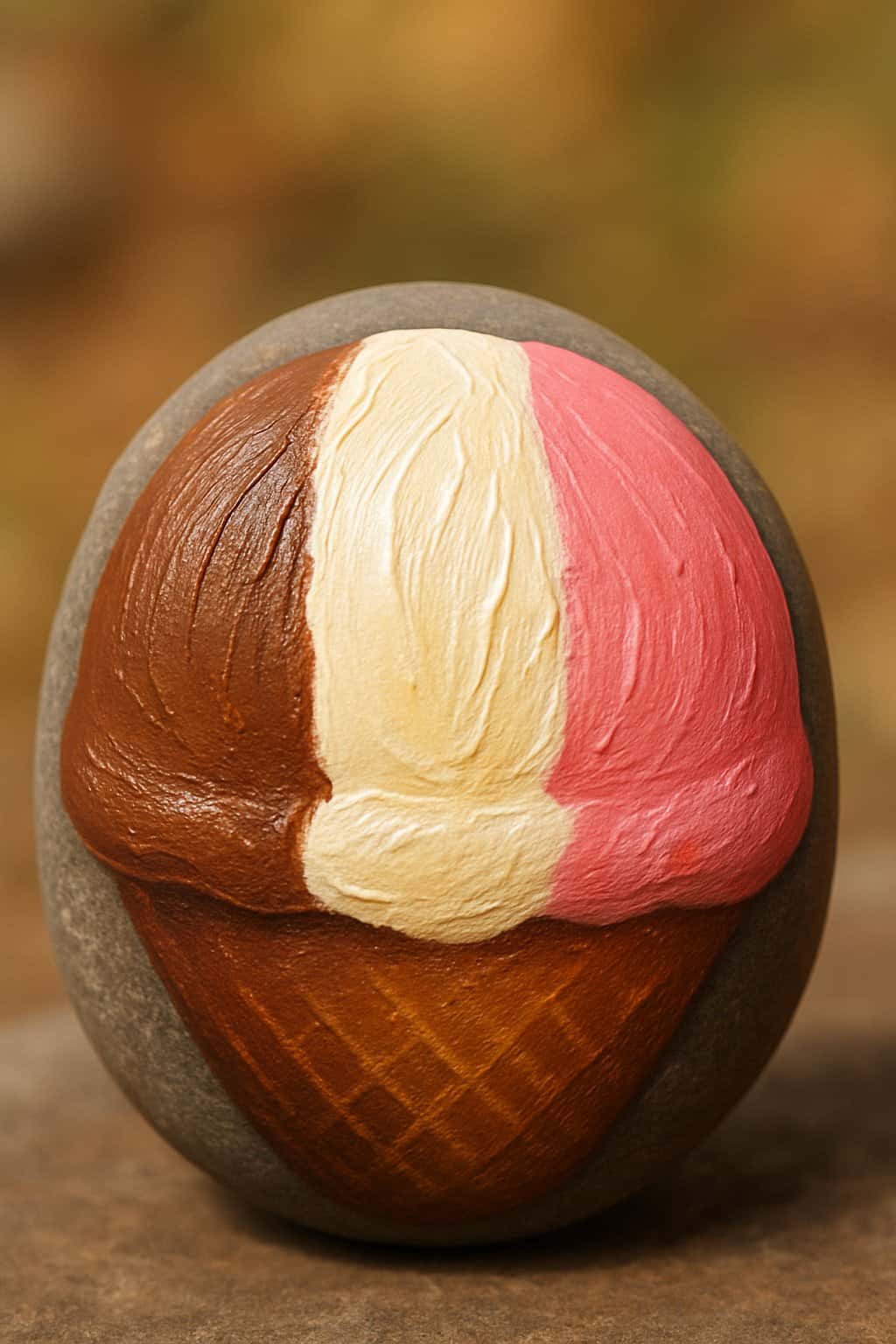 A single painted rock resembling a scoop of Neapolitan ice cream resting on a natural surface.