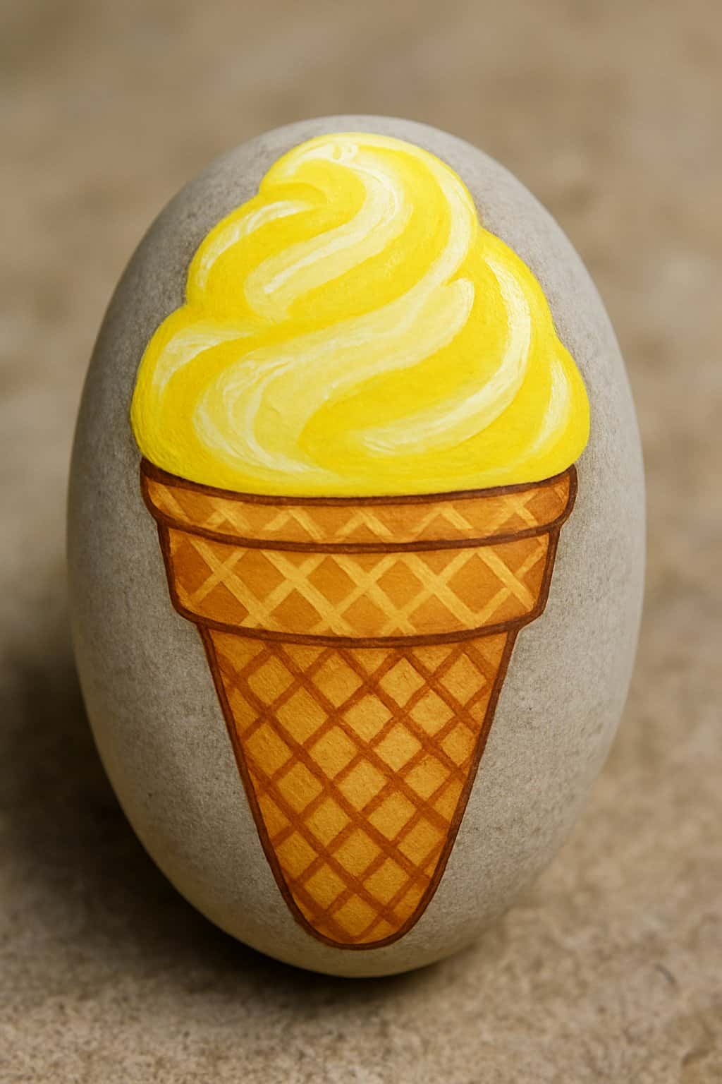 A smooth river rock painted to look like lemon sorbet ice cream with a zigzag cone pattern, sitting on a natural surface in soft light.