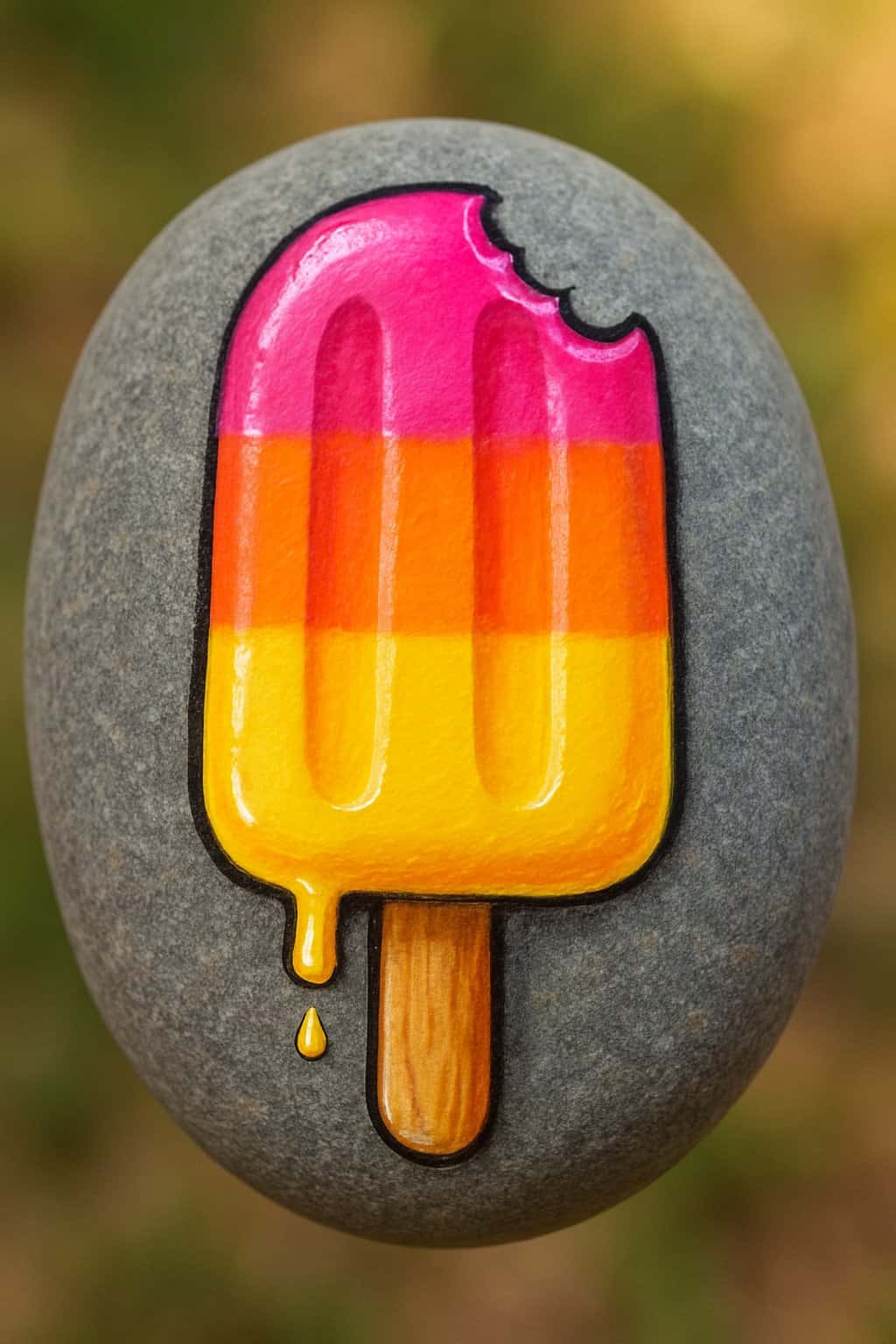 A smooth river rock painted with a colorful summer popsicle design with a bite taken out of it, photographed in natural light.