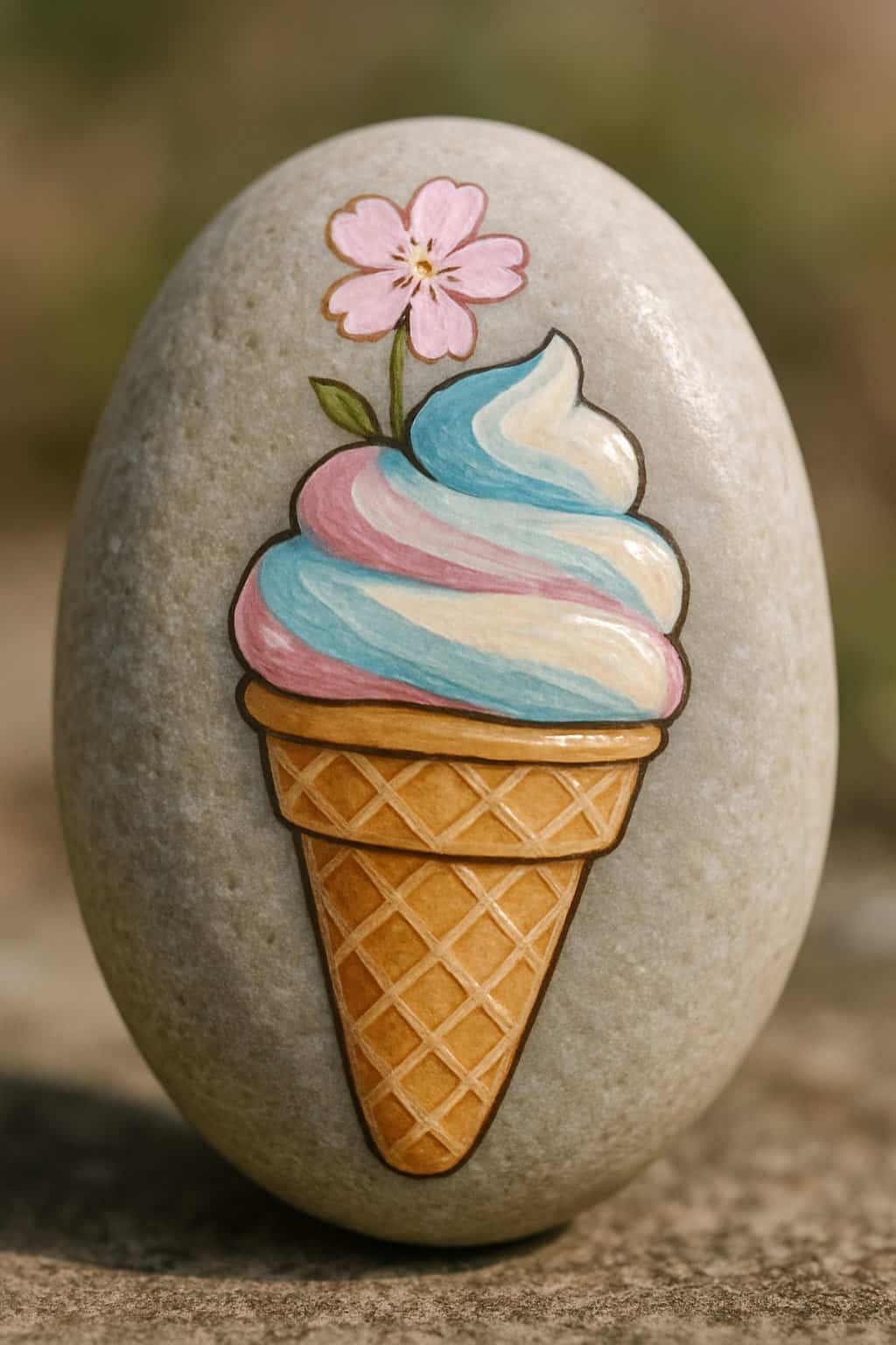 A painted rock designed to look like an ice cream cone holding a small flower, photographed on a natural background.