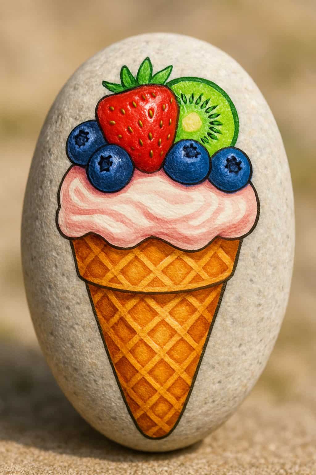 A painted smooth river rock resembling an ice cream cone topped with colorful fruit pieces.