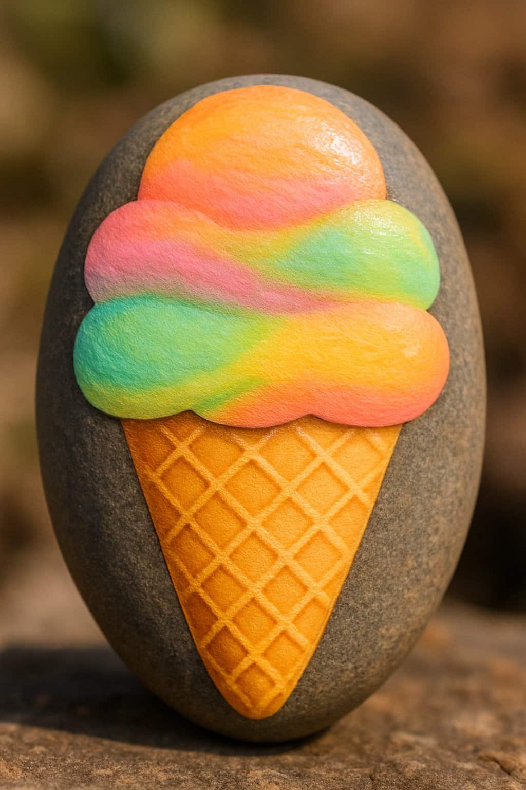 A smooth river rock painted to look like a rainbow sherbet ice cream cone resting on a natural surface.
