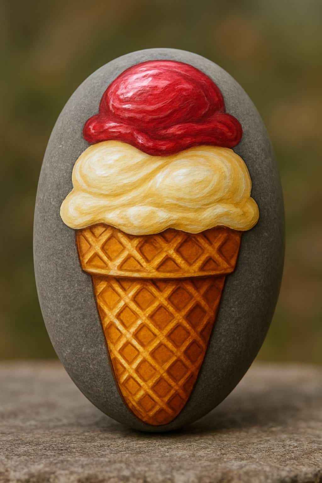 A painted smooth river rock resembling an ice cream cone with a waffle cone texture and colorful ice cream scoops.