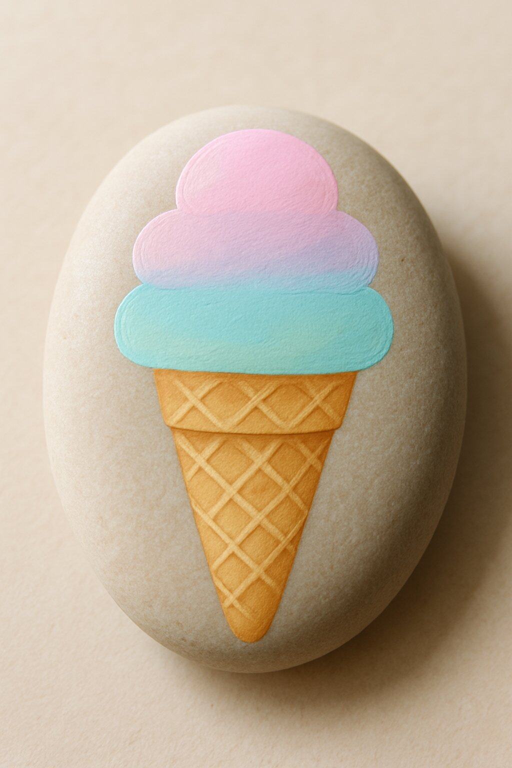 A smooth river rock painted with a pastel ombré ice cream cone design, photographed under natural light on a plain background.