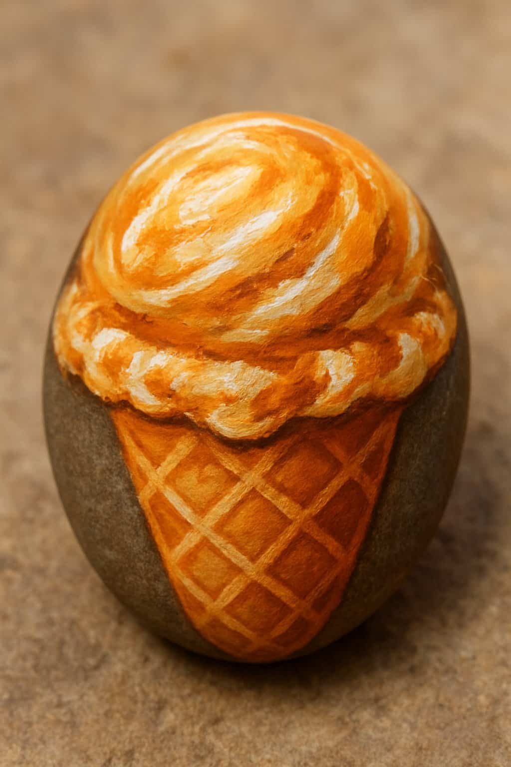 A smooth river rock painted to look like a scoop of pumpkin spice ice cream, placed on a natural surface.