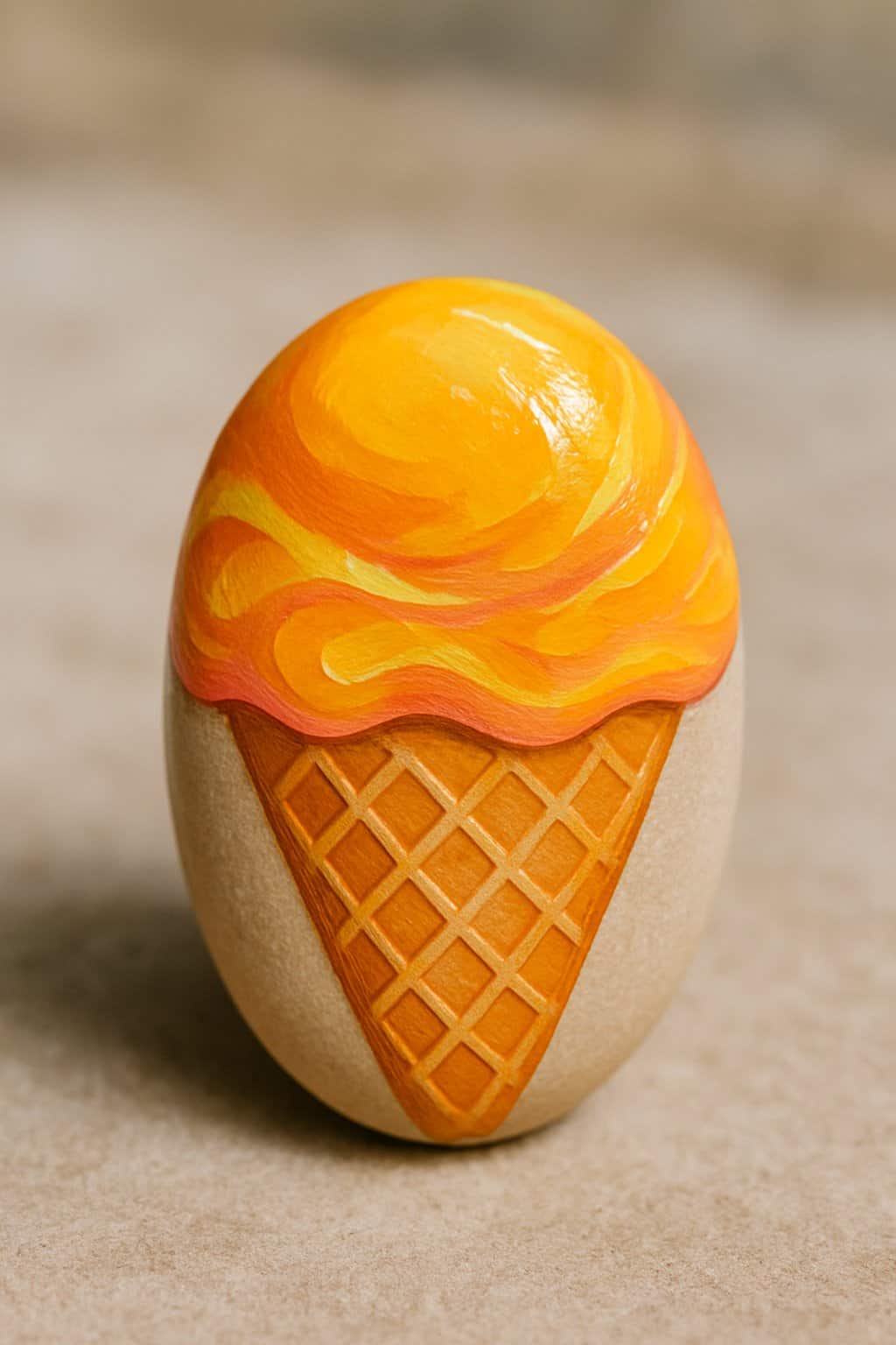 A smooth river rock painted to look like a mango sorbet ice cream cone, placed on a neutral surface with natural light.