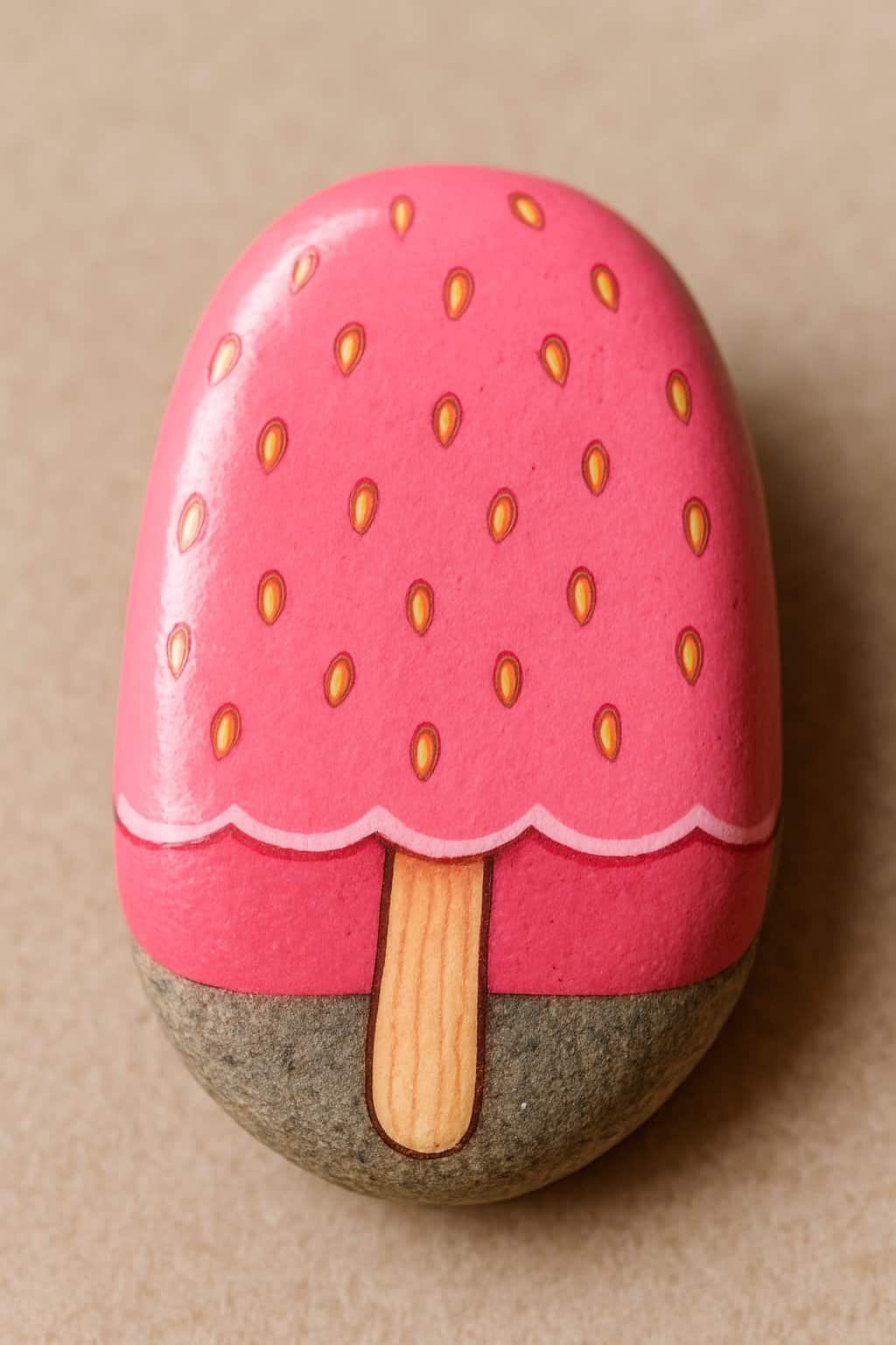 A smooth river rock painted to look like a pink strawberry popsicle resting on a natural surface.