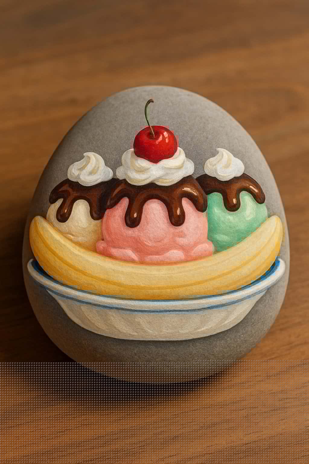 A smooth river rock painted to look like a banana split dessert with three scoops of ice cream, chocolate syrup, whipped cream, and a cherry, placed on a wooden surface.