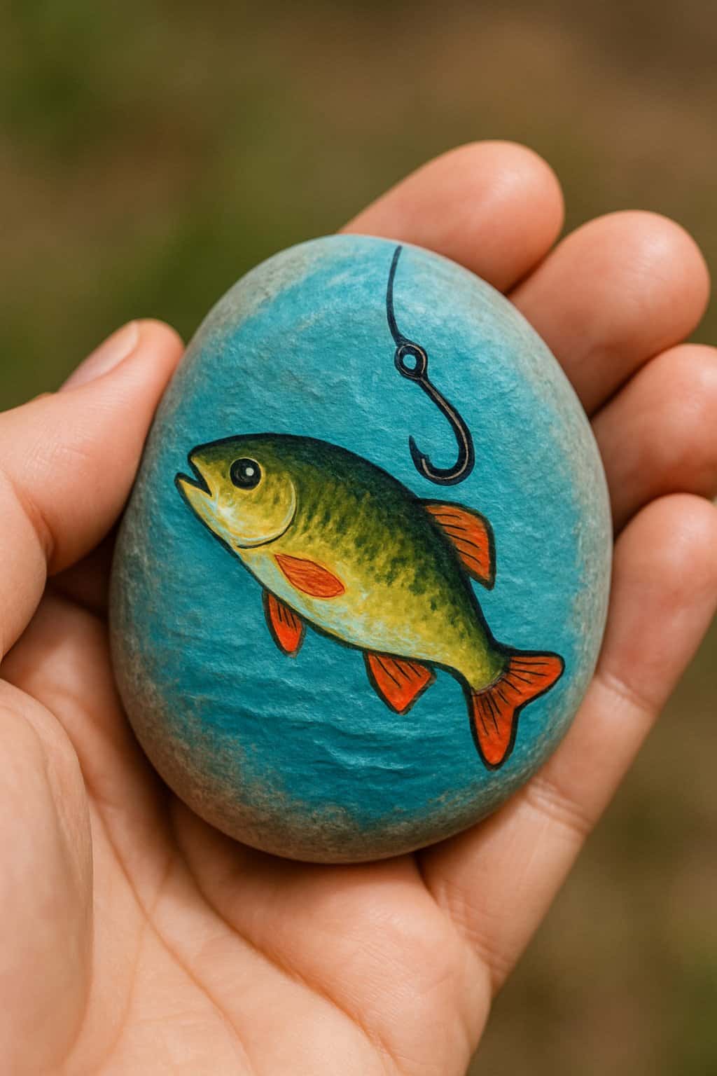 A hand holding a smooth river rock painted with a fishing-themed design.