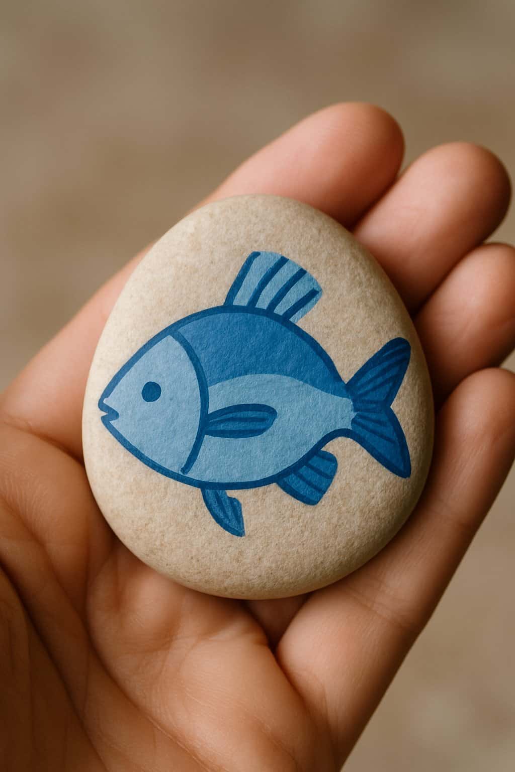 A hand holding a smooth river rock painted with a blue fish design.