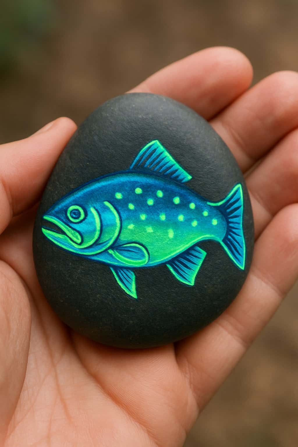 A hand holding a smooth river rock painted with a colorful fish design.