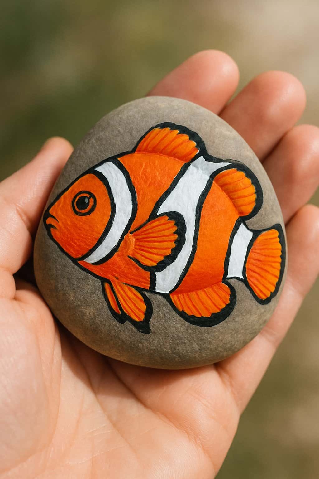 A hand holding a smooth river rock painted with a colorful striped tropical fish design.