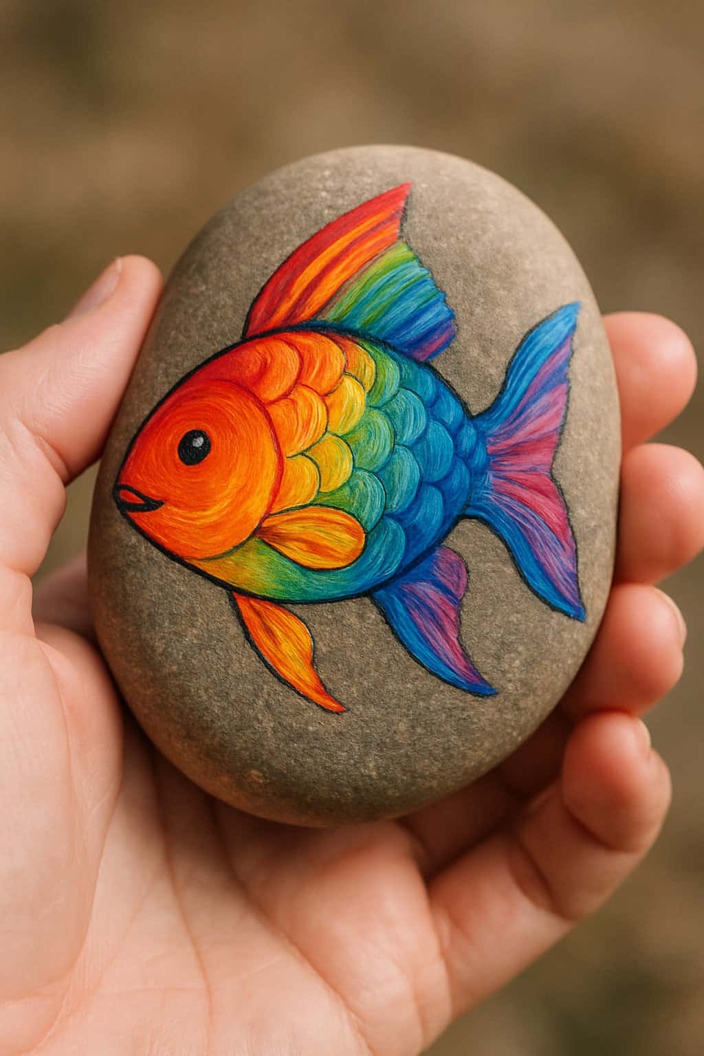 A hand holding a smooth river rock painted with a colorful rainbow fish design.