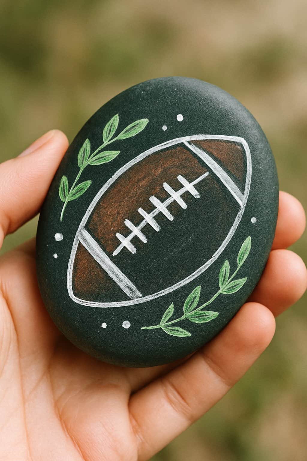 A hand holding a smooth painted rock with a football design.