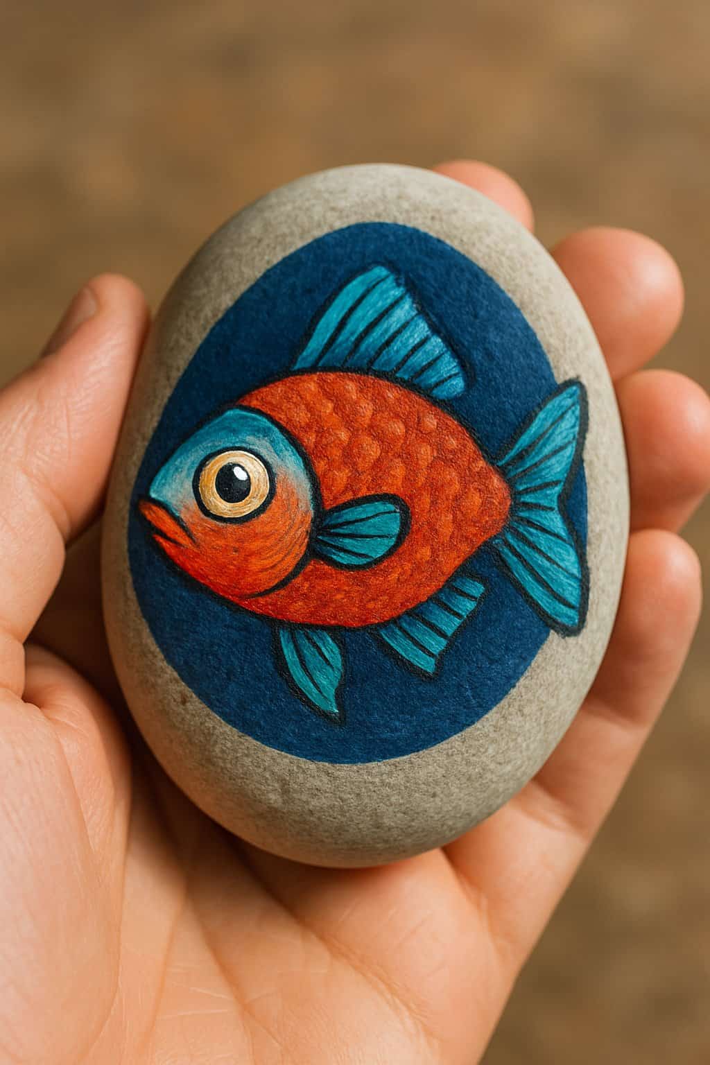 A hand holding a smooth river rock painted with a fish design and a pearl-like eye.
