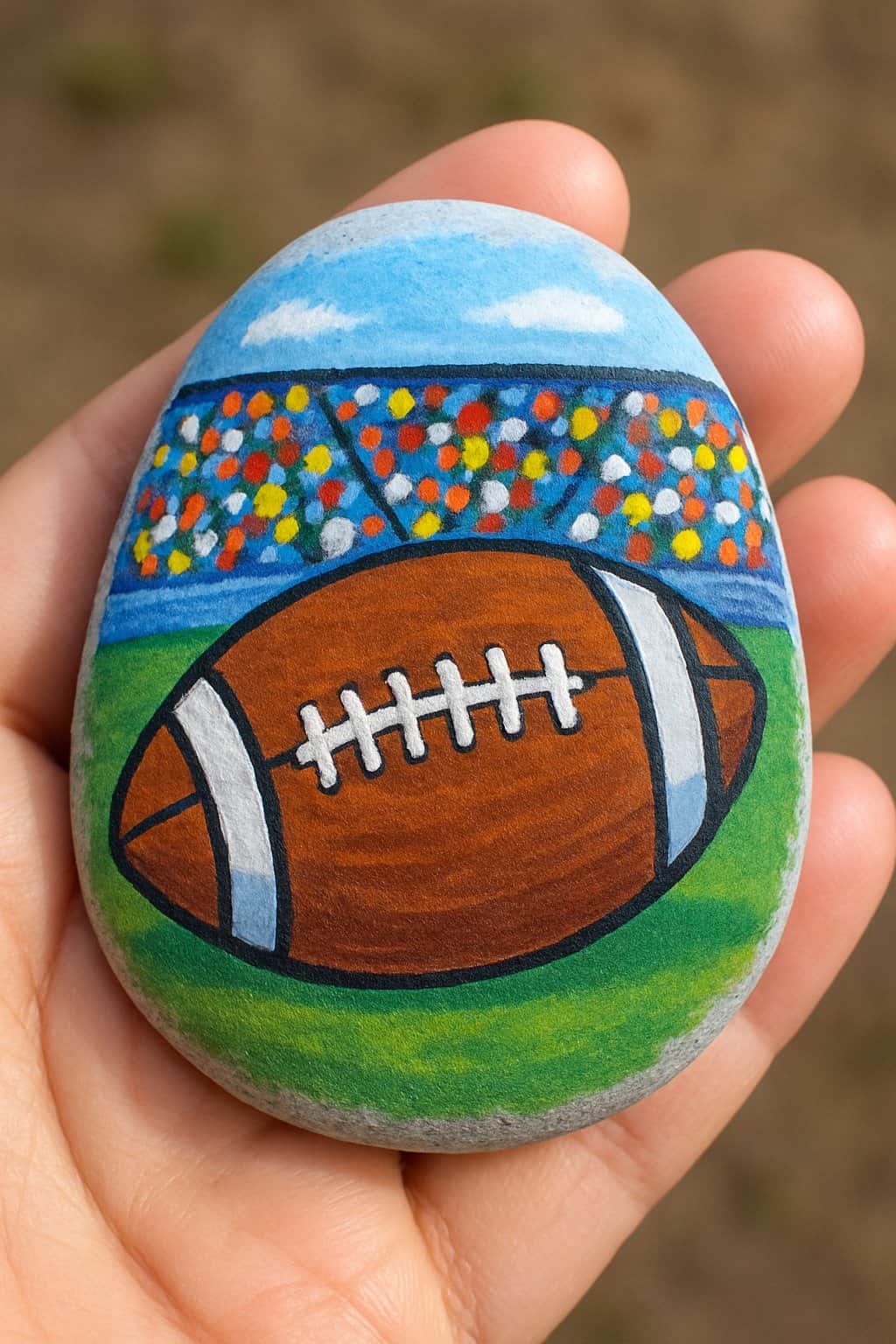 A hand holding a smooth river rock painted with a football and a crowd of fans in the stands.