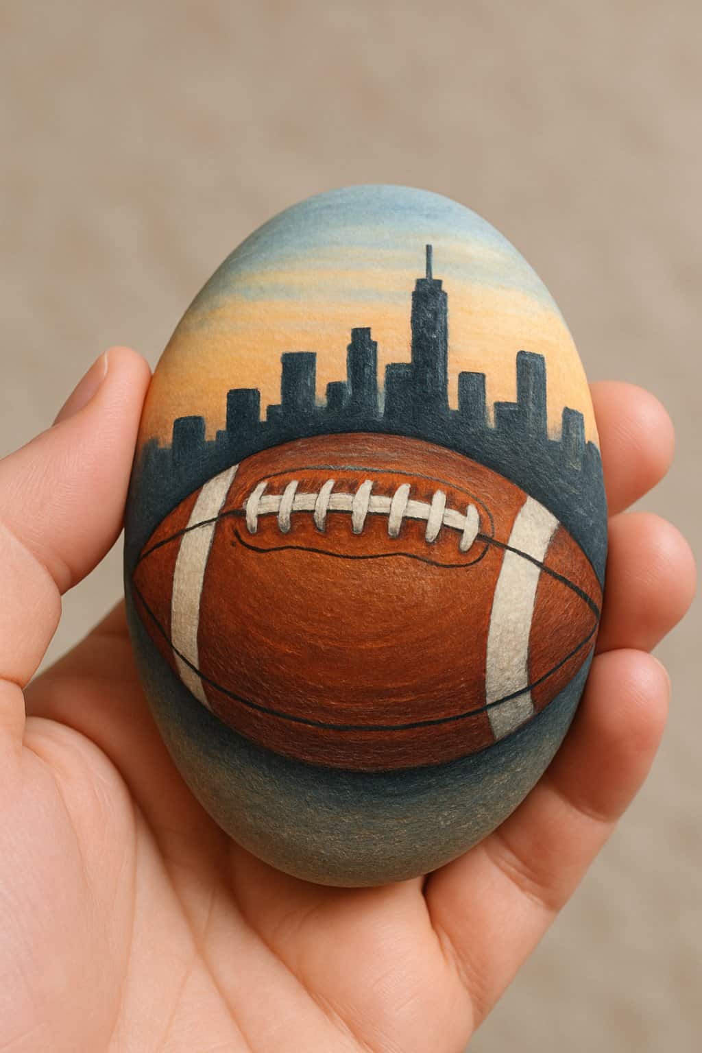 A hand holding a smooth painted rock featuring a football and a city skyline.