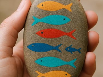 A hand holding an oval-shaped stone painted with seven colorful fish in orange, teal, red, and blue, arranged horizontally against a blurred background.