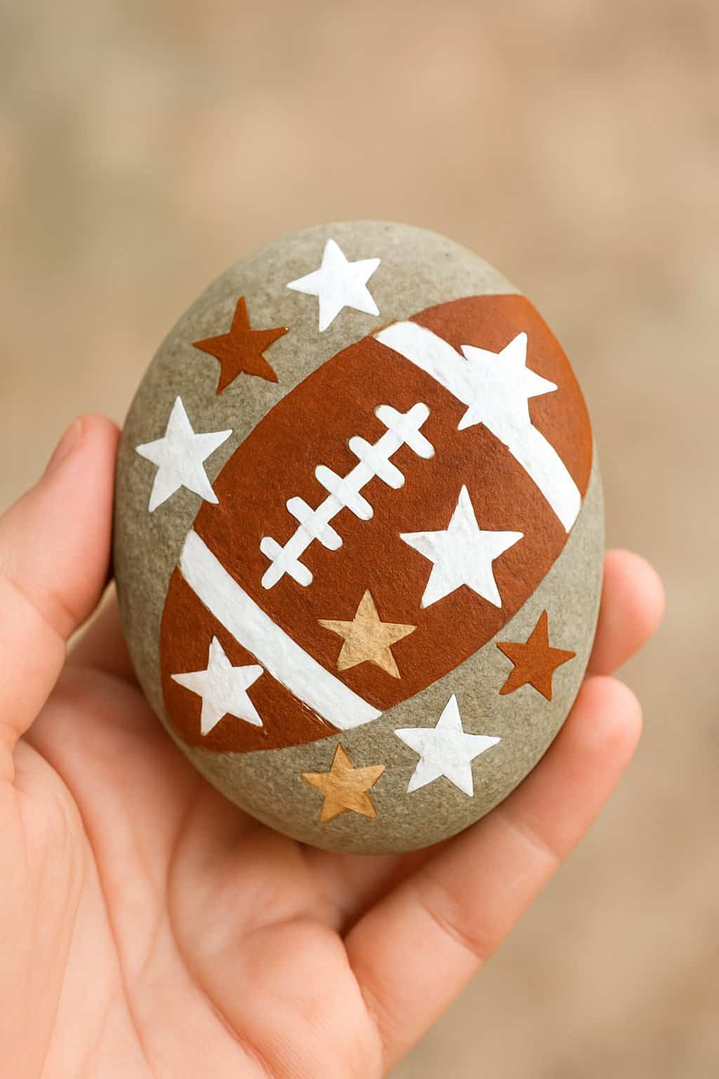 A hand holding a smooth river rock painted to look like a football with star patterns.