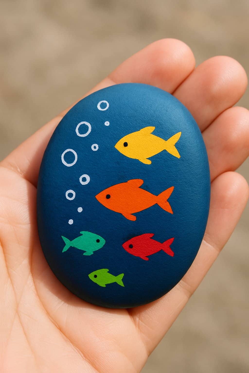 A hand holding a smooth river rock painted with colorful fish and bubbles.