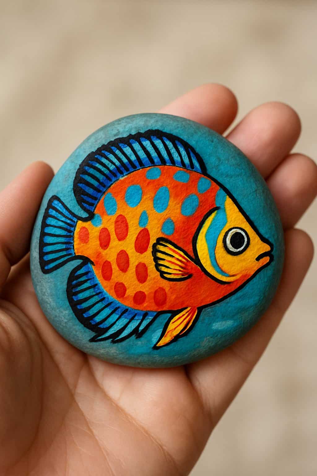 A hand holding a smooth river rock painted with a colorful aquarium fish design.