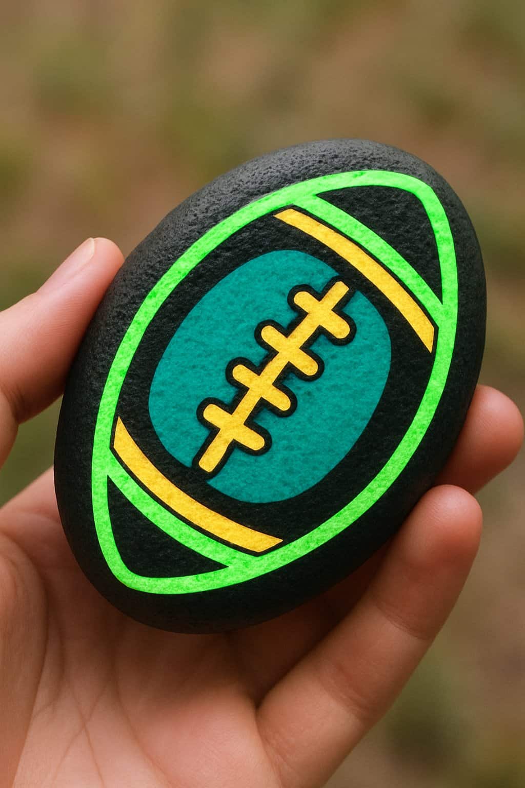 A hand holding a smooth river rock painted with a football design.