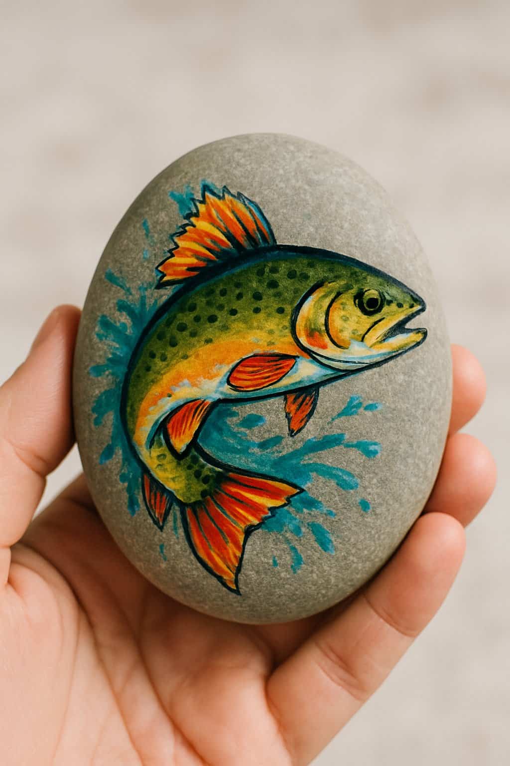 A hand holding a smooth river rock painted with a colorful fish design.