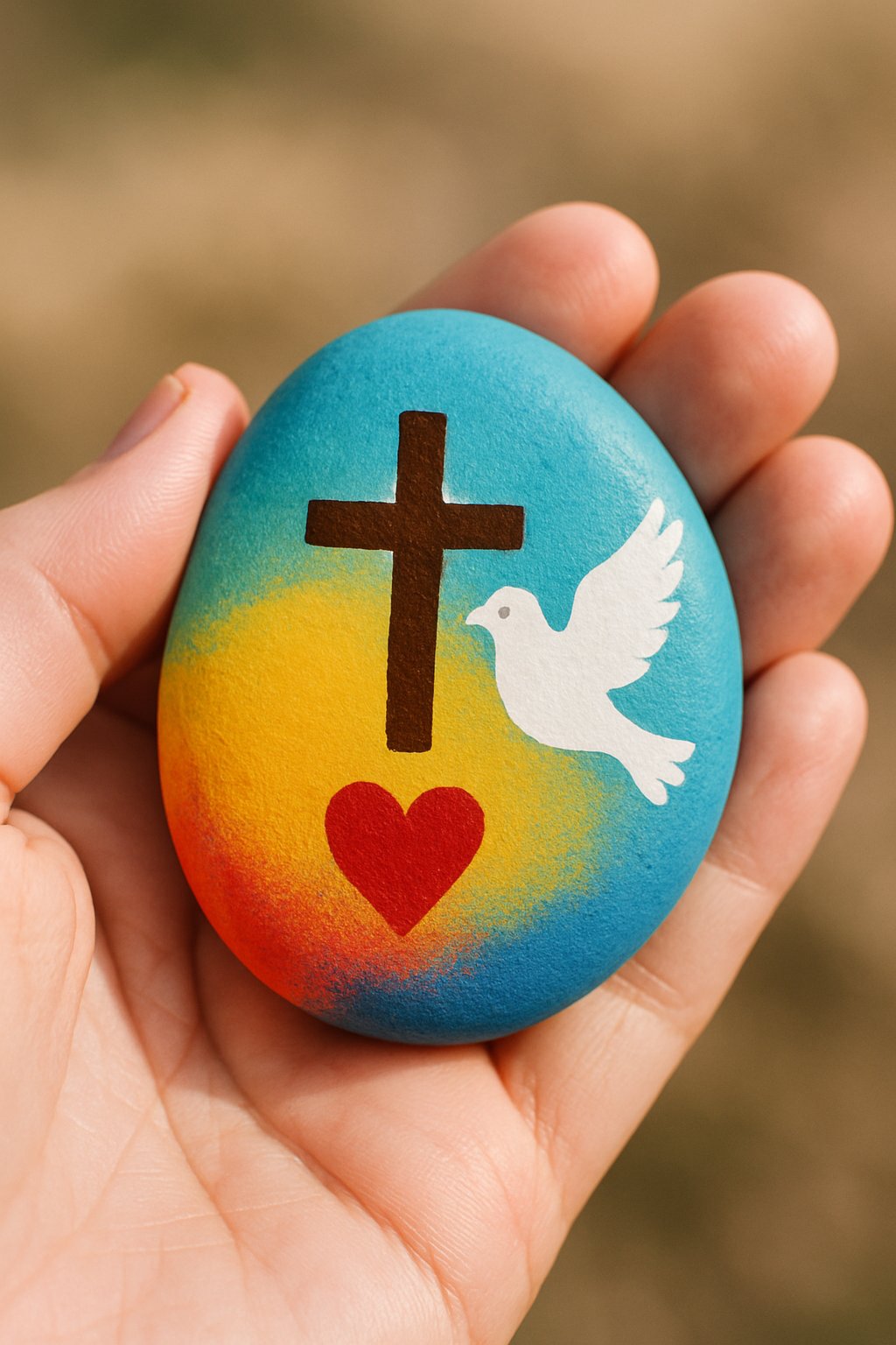 A hand holding a painted smooth river rock with a simple faith-inspired design.
