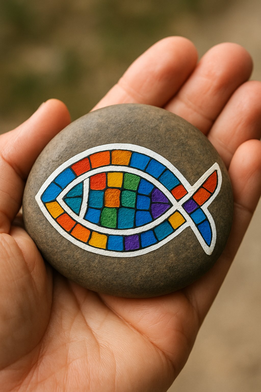 A hand holding a smooth river rock painted with a colorful Jesus fish symbol.