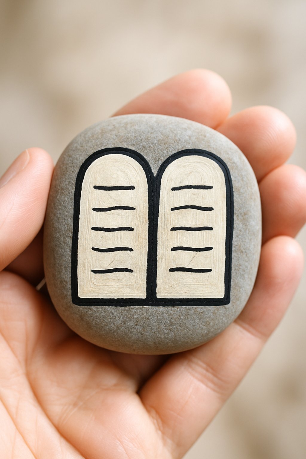 A hand holding a smooth river rock painted with designs resembling two stone tablets.
