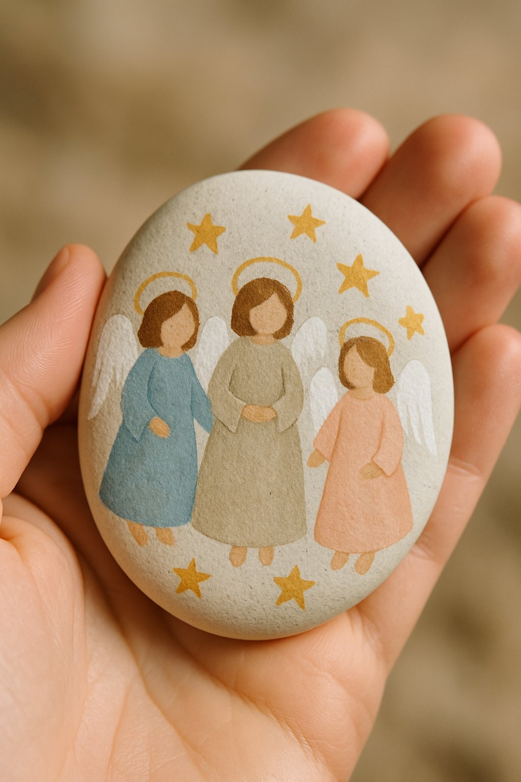 A hand holding a smooth river rock painted with images of angels and stars.